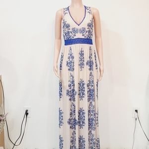 A. Calin By Flying Tomatoes Cream and Blue Embroidered Maxi Dress Size L